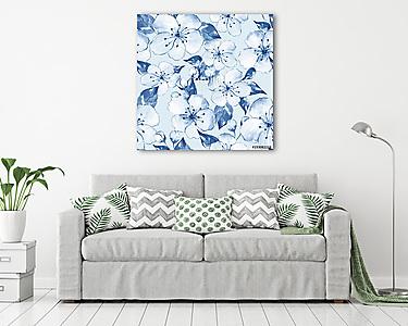 Floral seamless pattern 8. Blue watercolor background with white (vászonkép) - vászonkép, falikép otthonra és irodába