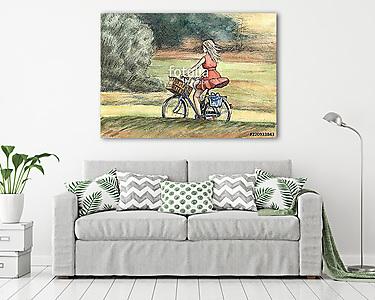 Piros ruhás lány kerékpározik (vászonkép) - vászonkép, falikép otthonra és irodába