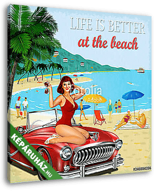 Vintage vacation background with pin-up girl,  retro car and people on the beach - vászonkép 3D látványterv