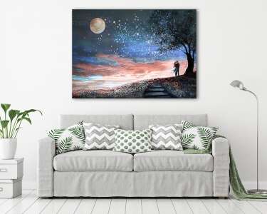 Fantasy illustration with night sky and MilkyWay, stars moon. wo (vászonkép) - vászonkép, falikép otthonra és irodába