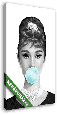 Audrey Hepburn kék rágógumit fúj, fekete-fehér (2:3 arány) - vászonkép 3D látványterv