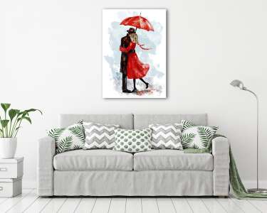 romantikus pár piros esernyő alatt. Csók. Akvarell szép i (vászonkép) - vászonkép, falikép otthonra és irodába