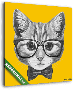 Hand drawn portrait of Cat with glasses and bow tie. Vector isol - vászonkép 3D látványterv