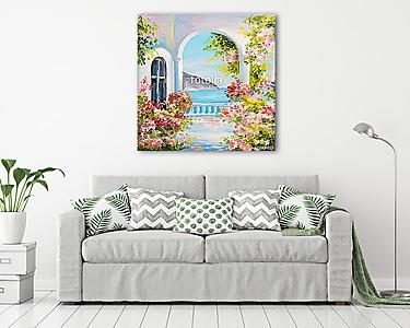 Nyári virágok tengerparti háznál (olajfestmény reprodukció) (vászonkép) - vászonkép, falikép otthonra és irodába