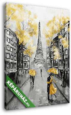 Sárga esernyők Párizsban, az Eiffel-toronynál - vászonkép 3D látványterv