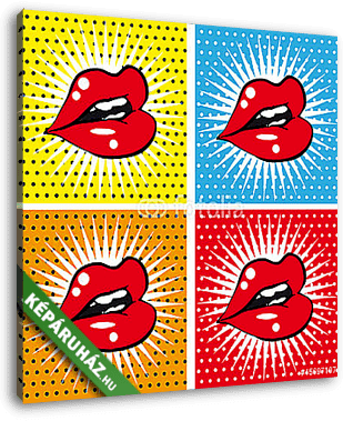 Nyílt Szexi vörös piros ajkak fogakkal pop art hátterekkel - vászonkép 3D látványterv