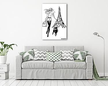 divatos nő kis kutyával az Eiffel-torony közelében (vászonkép) - vászonkép, falikép otthonra és irodába