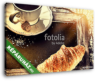 Reggeli beállítás kávéscsészével és croissant-nal. Menü koncepci - vászonkép 3D látványterv