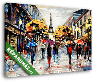Párizsi utcakép emberek esernyővel (olajfestmény reprodukció) - vászonkép 3D látványterv