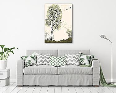 Spring landscape with birch tree silhouette. All objects are on separate layers (vászonkép) - vászonkép, falikép otthonra és irodába