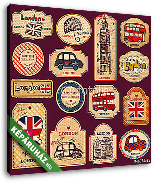 Vintage címkék és címkék londoni szimbólumokkal - vászonkép 3D látványterv