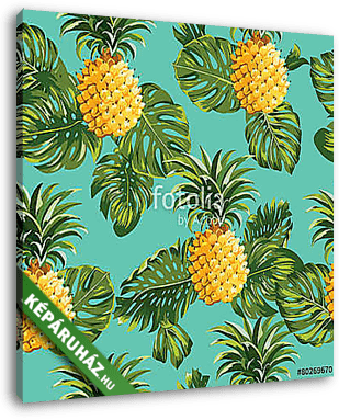 Ananászok és trópusi levelek háttere - vászonkép 3D látványterv