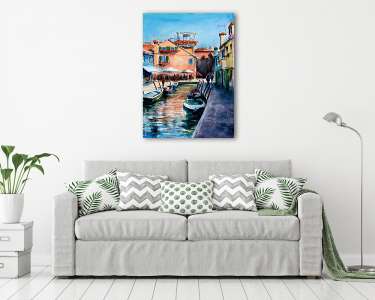 Velencei városkép, színes házakkal Burano-szigeten, vízfesték stílusban (vászonkép) - vászonkép, falikép otthonra és irodába