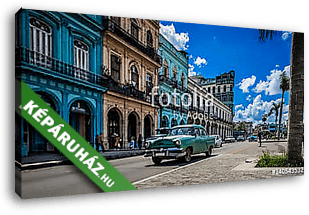 HDR - Kék Chevrolet klasszikus autó a Havana K főutcáján - vászonkép 3D látványterv