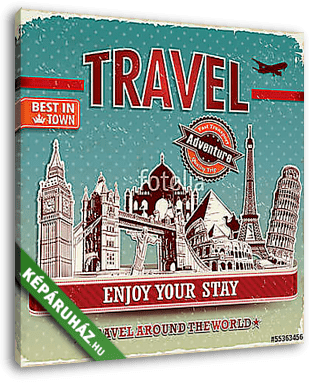Vintage utazási plakát címkével és híres épületgel - vászonkép 3D látványterv