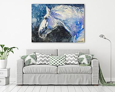 Fehér ló kék stílusban (akvarell) (vászonkép) - vászonkép, falikép otthonra és irodába