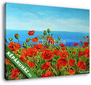 mákmező a tenger közelében, színes tengerpart, művészeti olajfes - vászonkép 3D látványterv