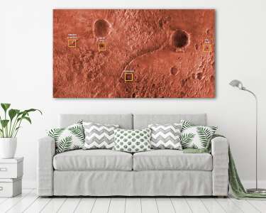 Preseverance és a Mars 2020 űrhajó alkatrészei a felszínen (színezett, feliratozott) (vászonkép) - vászonkép, falikép otthonra és irodába