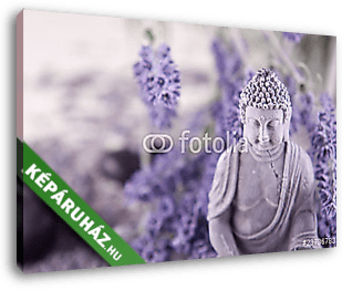 Buddha a zen meditációban, masszázskövek, levendula - vászonkép 3D látványterv