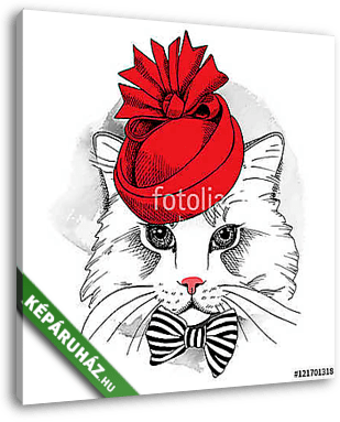 Portrait cat in a red Elegant woman's hat and with bow. Vector i - vászonkép 3D látványterv