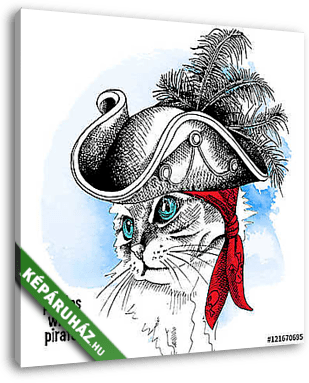 Image cat portrait in a pirate hat and bandana on blue backgroun - vászonkép 3D látványterv