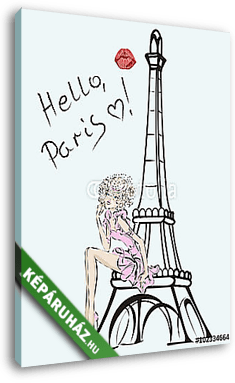 Hello, Párizs. Divat lány az Eiffel-torony közelében - vászonkép 3D látványterv