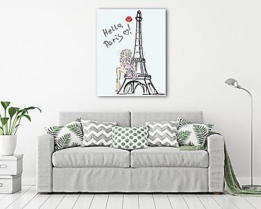 Hello, Párizs. Divat lány az Eiffel-torony közelében (vászonkép) - vászonkép, falikép otthonra és irodába