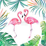 Két flamingóval trópusi levelek vászonkép, poszter vagy falikép