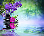 lila orchideák, fekete kövek a vízen vászonkép, poszter vagy falikép