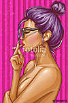 Vector pop art illustration of nude girl with closed eyes smoking cigarette. Sexy hipster woman in glasses on striped pink backg vászonkép, poszter vagy falikép