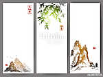 Három bannert hegyekkel és bambuszokkal a hagyományos japánoknál vászonkép, poszter vagy falikép