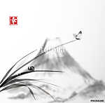 Fű, pillangó és hegyi Fuji levelek vászonkép, poszter vagy falikép