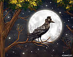 Raven egy holdfényben egy sötét erdőben, illusztráció művészet vászonkép, poszter vagy falikép