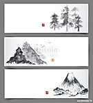Három bannerek hegyekkel és erdőkkel. A hagyományos japánok vászonkép, poszter vagy falikép