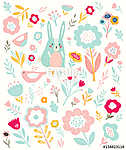 Pattern with little bunny and flowers vászonkép, poszter vagy falikép