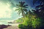 napnyugta a Seychelles-i tengerparton vászonkép, poszter vagy falikép