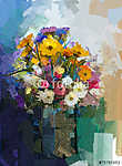 Váza színes virágcsokorral. (olajfestmény reprodukció) vászonkép, poszter vagy falikép