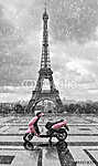 Eiffel-torony rózsaszín robogóval vászonkép, poszter vagy falikép