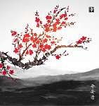 Oriental sakura cseresznyefa virágban és tájképben messze mo vászonkép, poszter vagy falikép