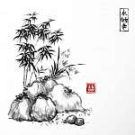Kis bambuszfa és vad orchidea a sziklákon. A hagyományos japánok vászonkép, poszter vagy falikép