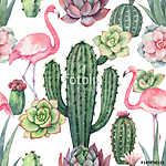 Watercolor vector seamless pattern of pink flamingo, cacti and s vászonkép, poszter vagy falikép