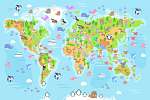 Vektor világtérkép gyerekszobába, állatokkal, világoskék vászonkép, poszter vagy falikép