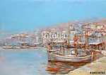 Csónakok a sziget kikötőjén, kézzel készített festészet vászonkép, poszter vagy falikép
