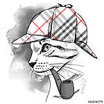 Portrait of a cat in checkered deerstalker with smoking pipe. Ve vászonkép, poszter vagy falikép