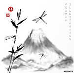 Fuji-hegység, bambusz ág és szitakötők. vászonkép, poszter vagy falikép