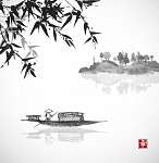 Horgászcsónak, bambusz és sziget fákkal ködben fehér háttéren vászonkép, poszter vagy falikép