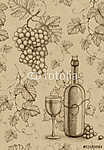 Borospalack és pohár szőlő fürttel és szőlőindákkal tollrajz vászonkép, poszter vagy falikép