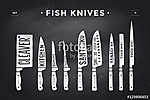 Fish cutting knives set. Poster of Butcher diagram and scheme - vászonkép, poszter vagy falikép