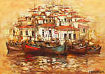 Csónakok a sziget kikötőjén, kézzel készített festészet vászonkép, poszter vagy falikép