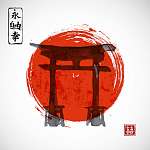 Torii kapuk és piros, felemelkedő nap kézzel húzott tintával hag vászonkép, poszter vagy falikép